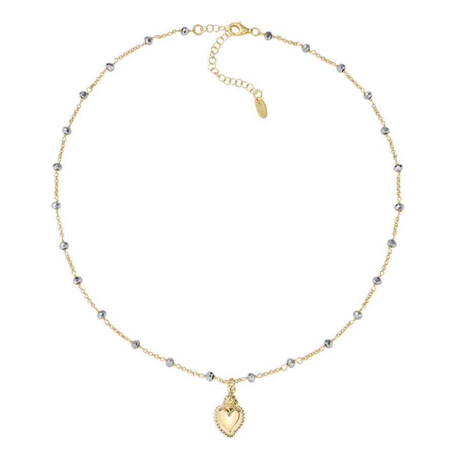Gold-Plated Necklace with Grey Crystals with Sacred Heart Pendant - Women - Gold/Grey