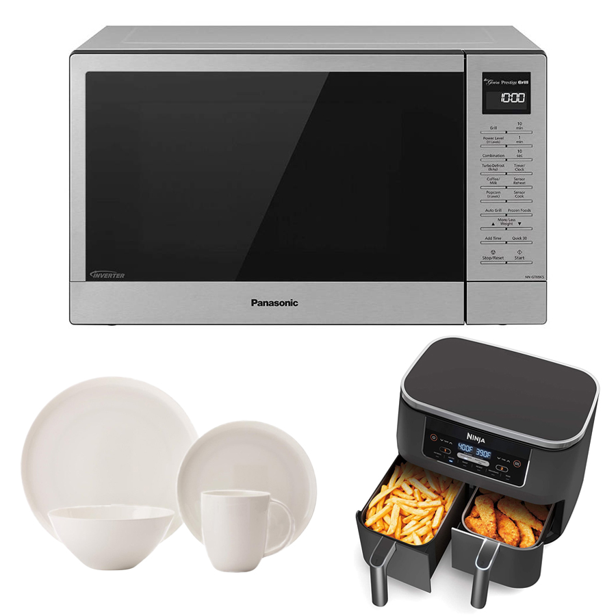 Four à micro-ondes compact avec Friteuse à air Foodi 6 en 1 à deux paniers de 8 qt et service de vaisselle Mansion 16 pièces
