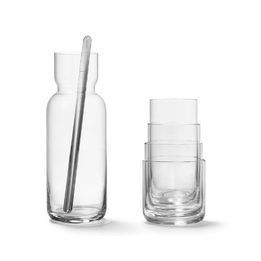 Carafe en cristal, cuillère à mélanger et ensemble de verres empilables