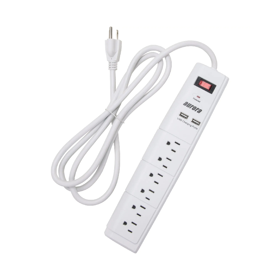 USB Charging Surge Protector, 6 Outlets, 1200 J, 1875 W, 6' Cord