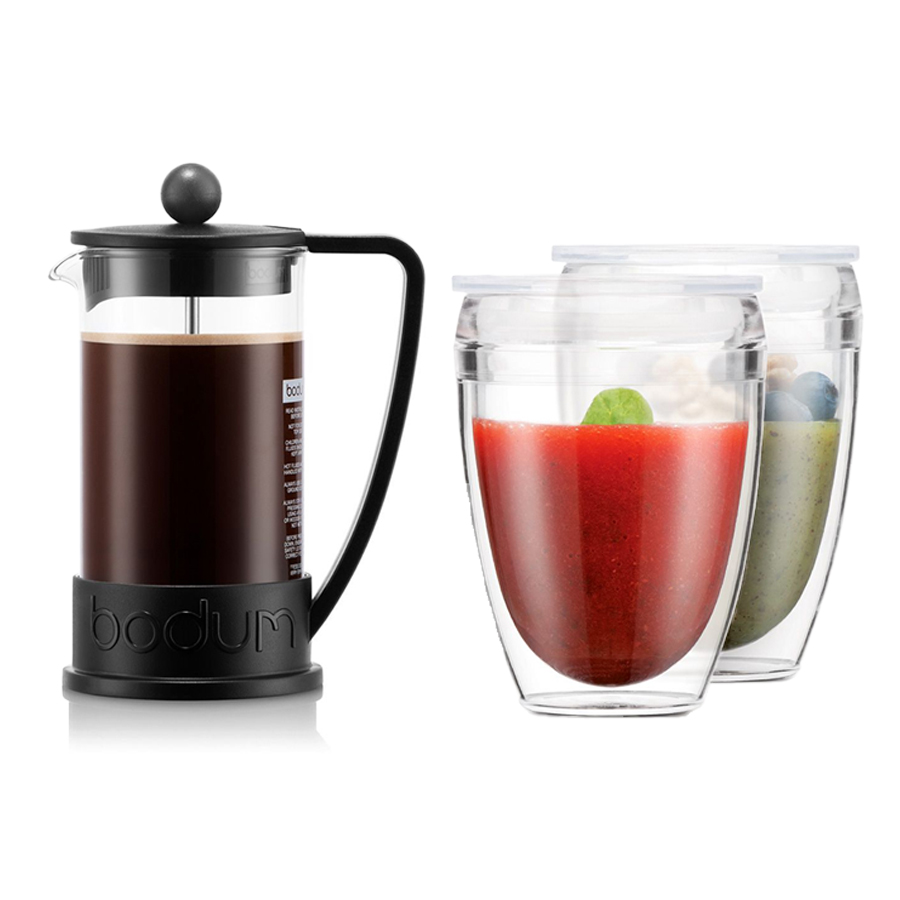 Cafetière Brazil French Press avec Set de 2 gobelets double paroi plastique Pavina To Go