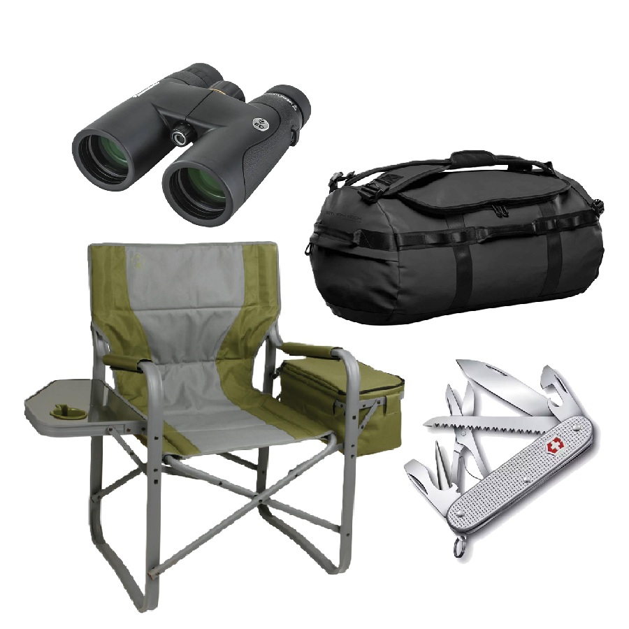 Nature DX Binoculars, Campling Chair, Duffel, Farmer X Swiss Tool Set