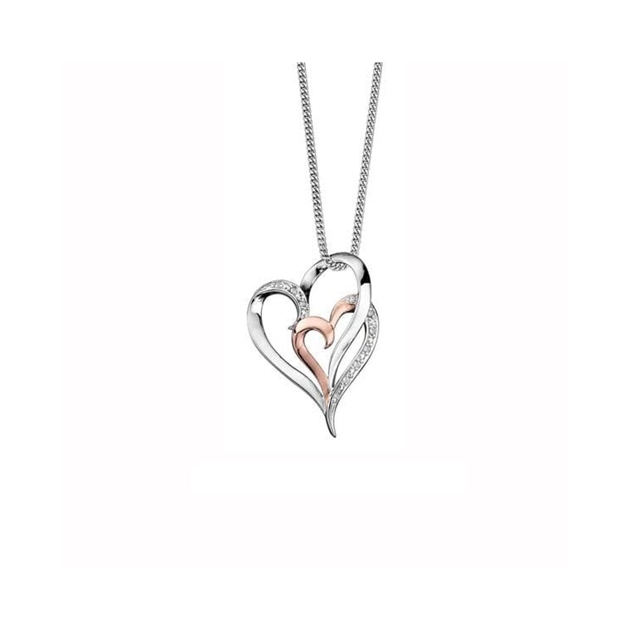 Pendentif double cœur en or blanc et rose 10 carats et diamants (0,035 CT. W. T.)