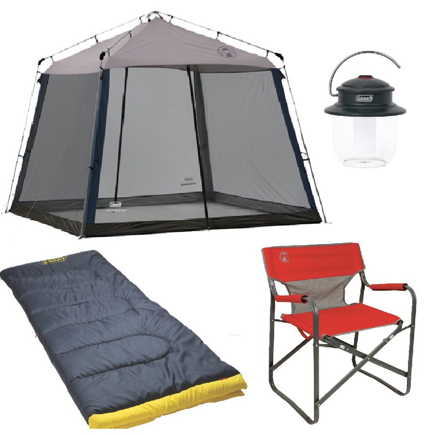 Instant Screen House, Deck Chair, Lantern, and Sleeping Bag Set
