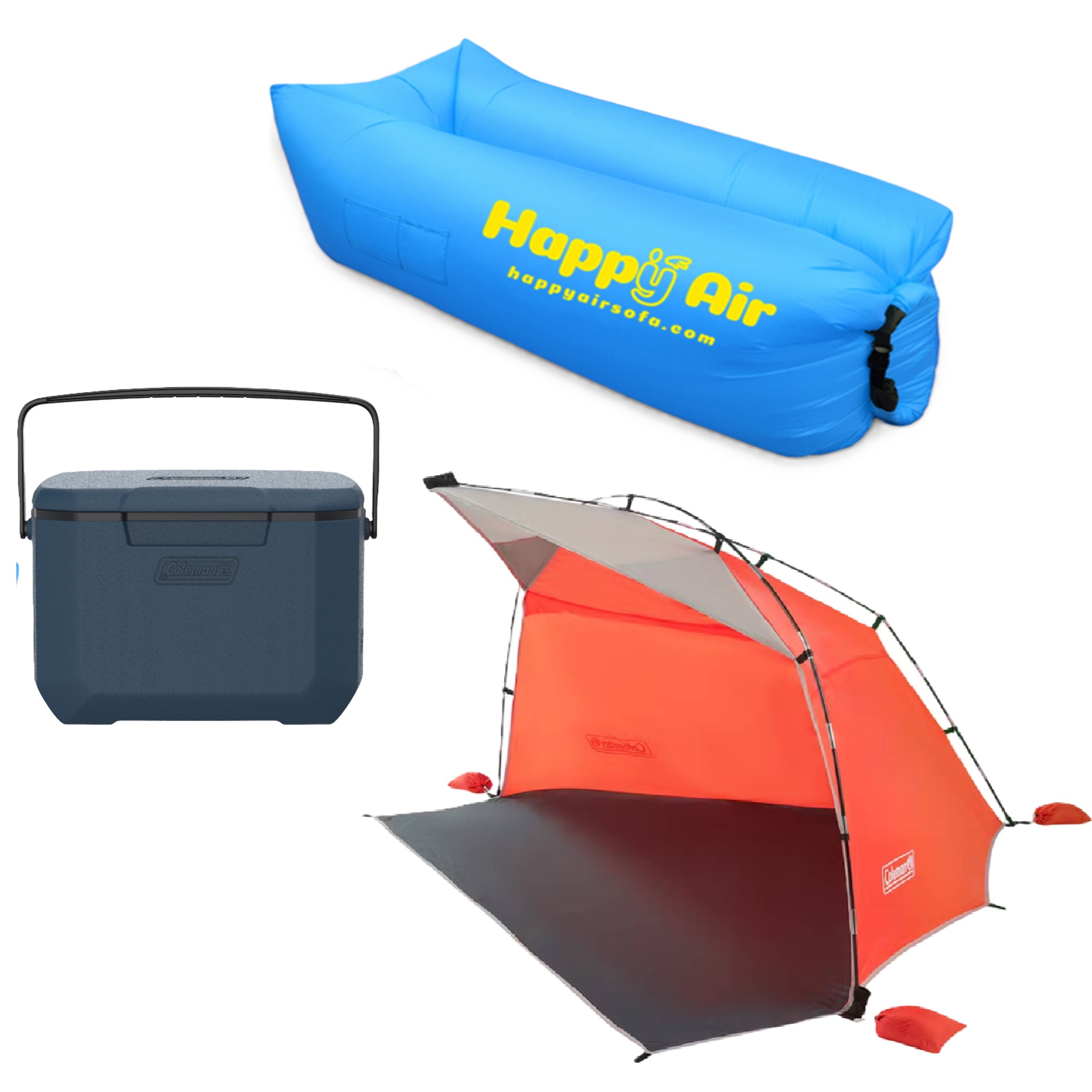 Compact Beach Shade, Cooler, and Inflatable Sofa Set
