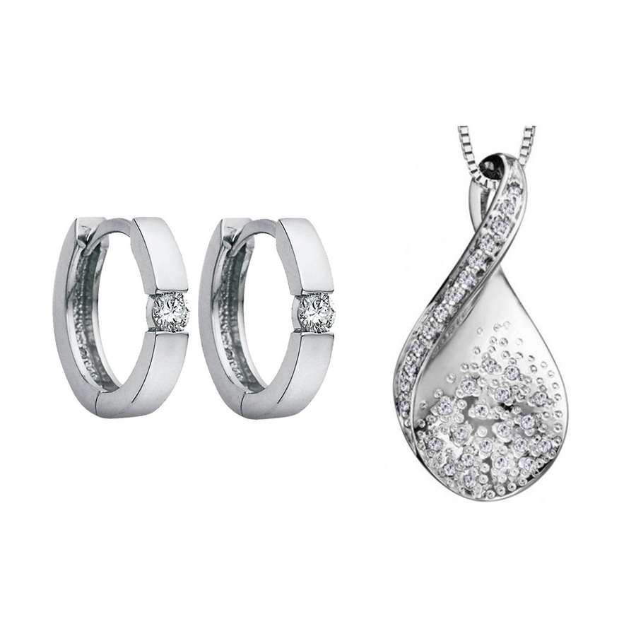 Pendentif en forme de larme en or blanc 10K et boucles d'oreilles circulaires en or blanc avec diamants