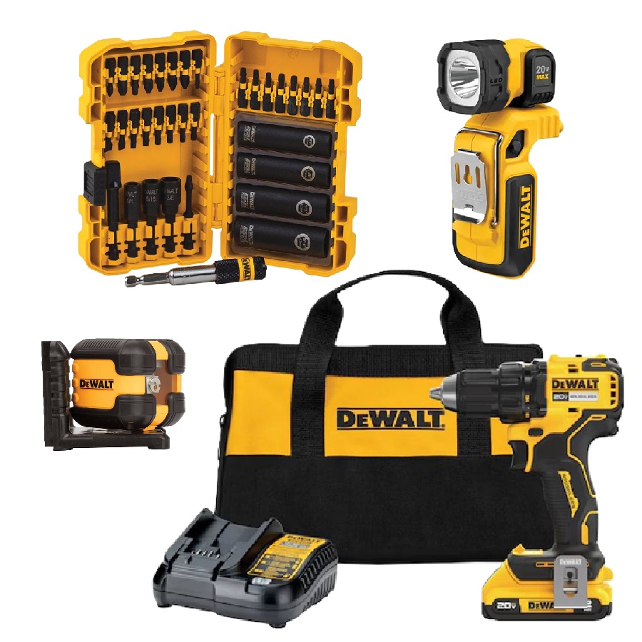 20V MAX Brushless Cordless Drill/Driver Kit with Work Light, Laser Level, and Screwdriving Set 