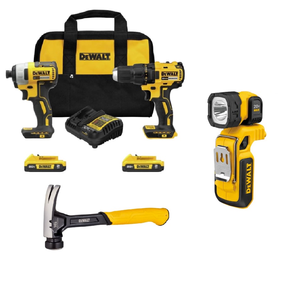 20V Brushless Compact Drill & Impact Driver Kit with Steel Rip Claw Hammer and Hand-Held Work Light