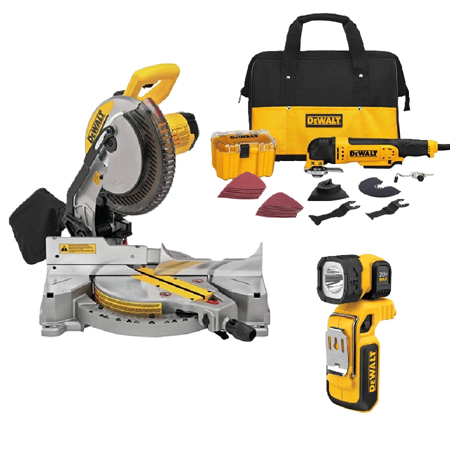 Corded 10-inch Compound Miter Saw, Oscillating Multi-Tool Kit, and Hand-Held Work Light Set