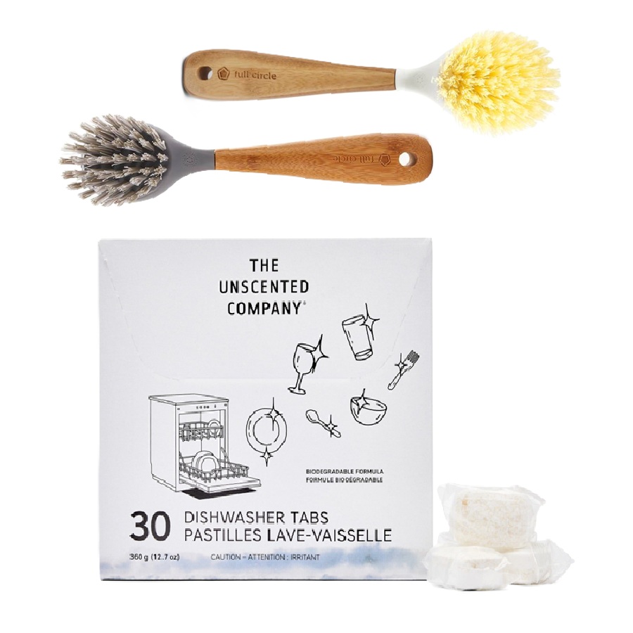 Dishwasher Tabs, Cast Iron Brush, and Dish Brush Set