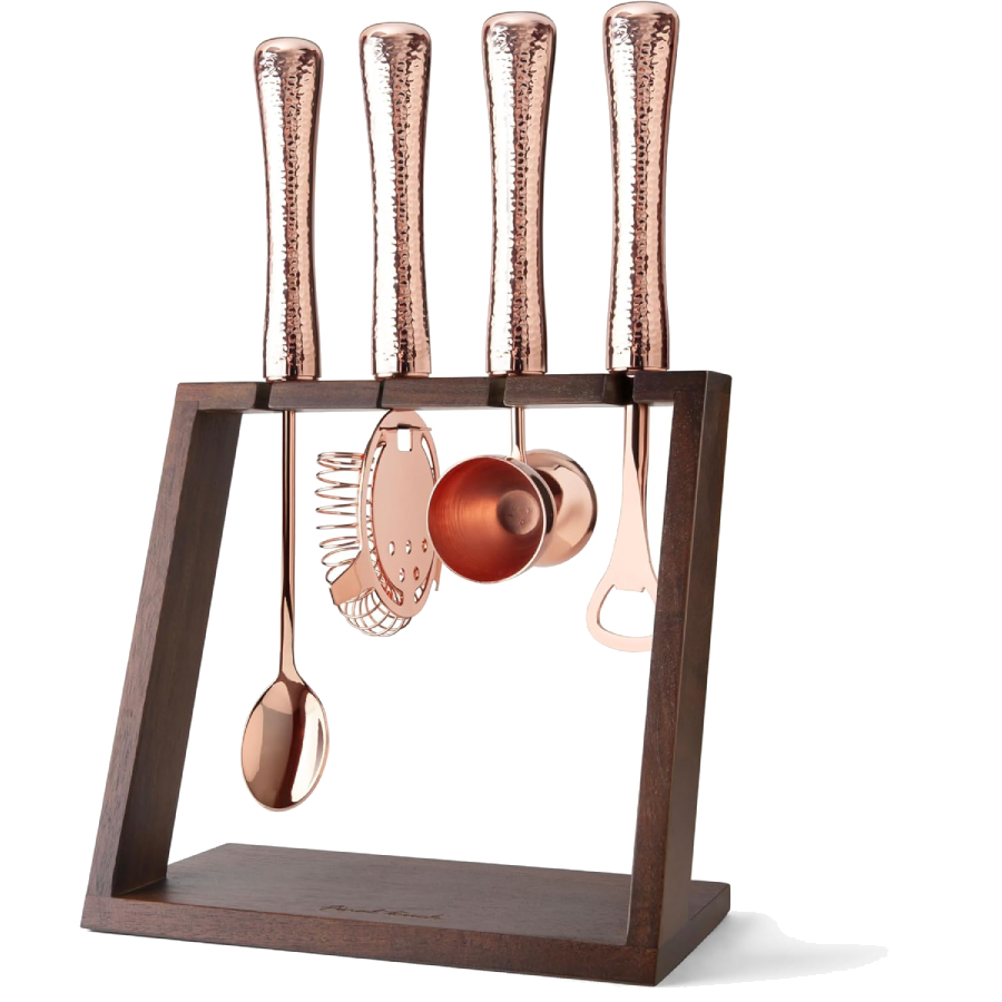 4 Piece Bar Tool Set with Stand - Copper Metal Handles