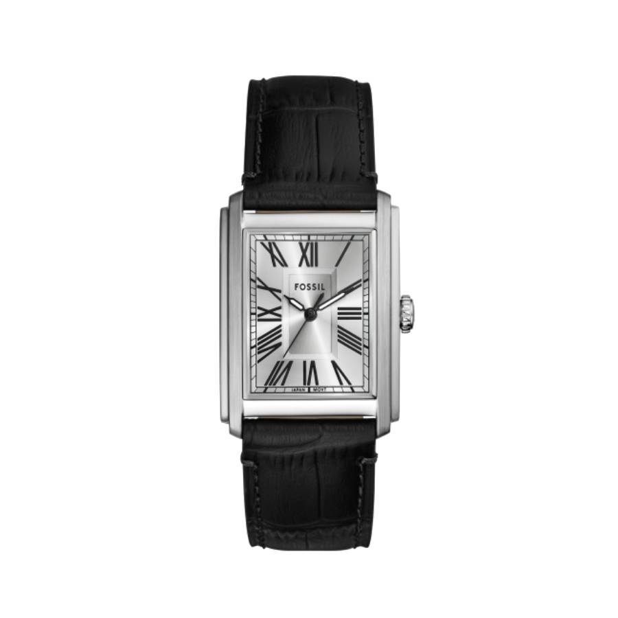 Montre Carraway rectangulaire cadran argenté et chiffres romains - Bracelet en cuir noir - 30 mm