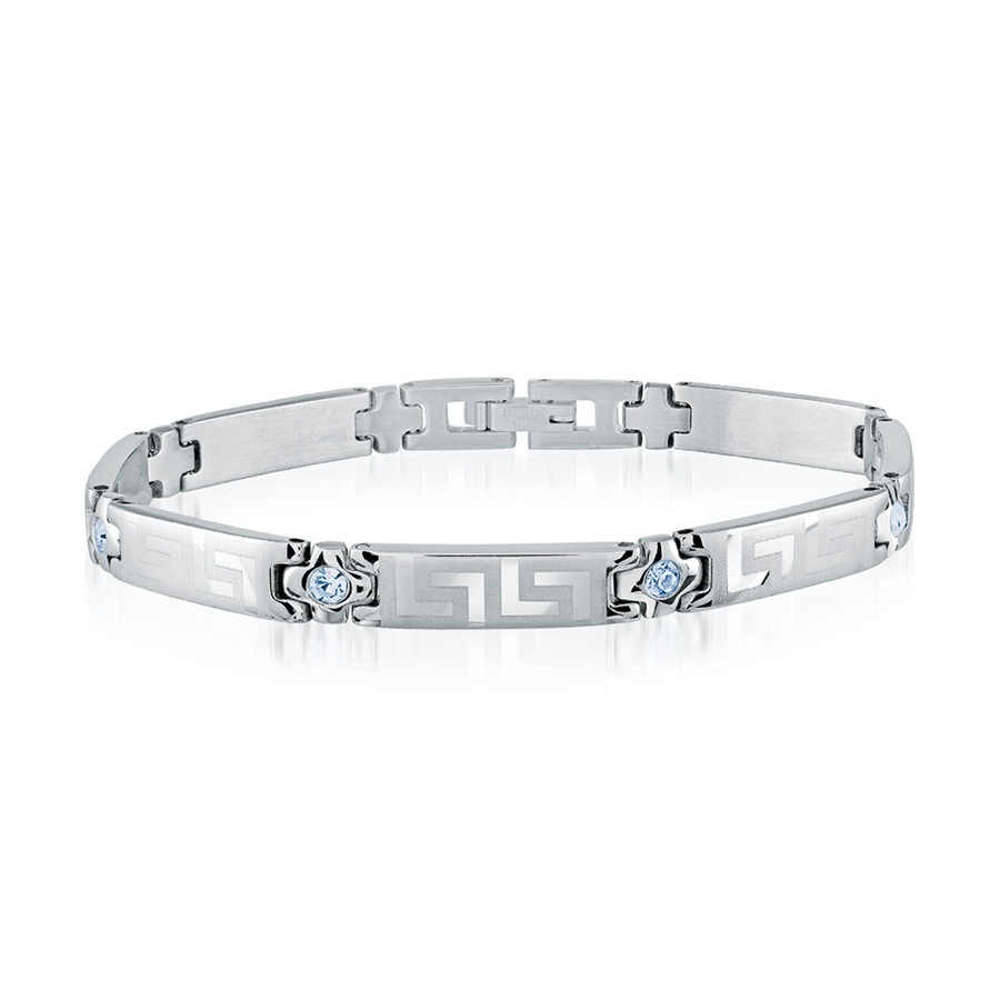 Bracelet pour femme en acier inoxydable pierre bleue à clef grecque