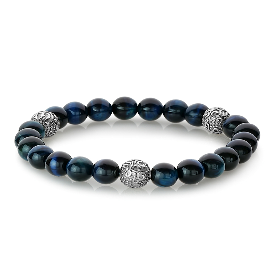 Stainless Steel Blue Tiger Eye Steel Beads Stretch Bracelet