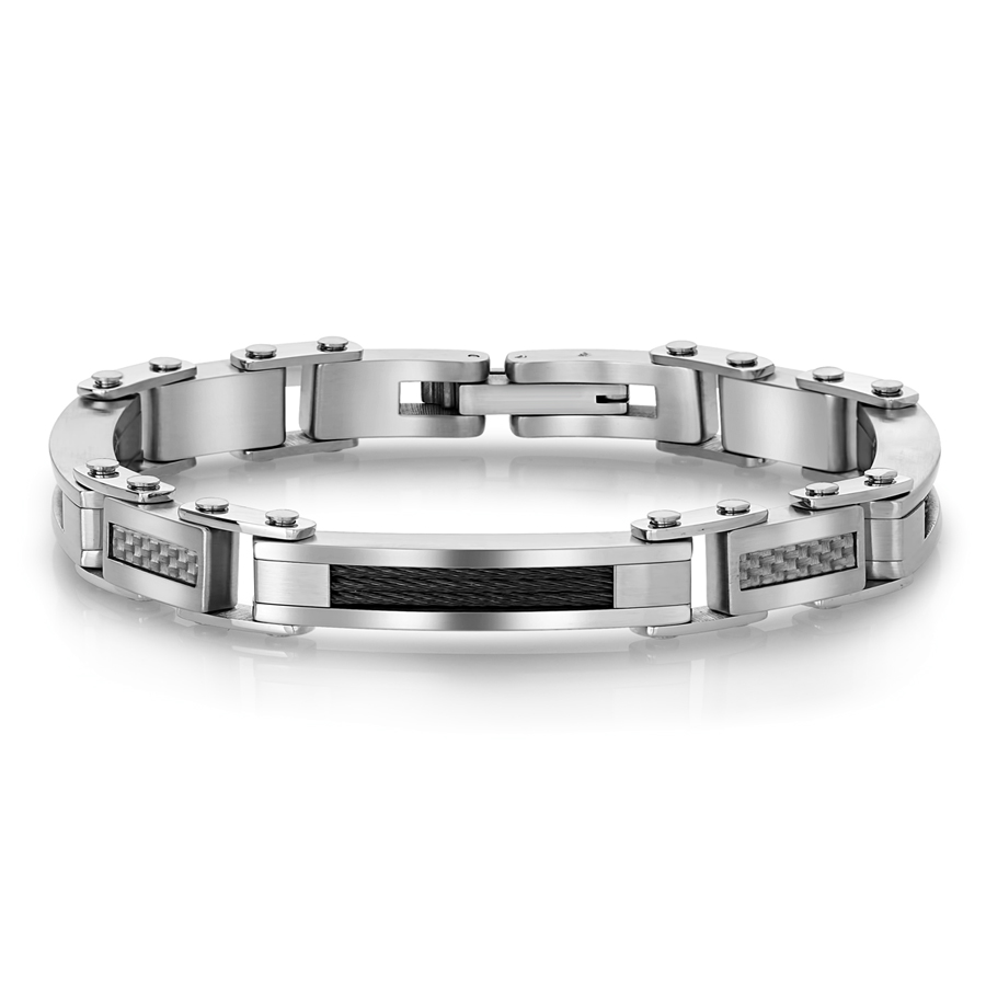 Bracelet en acier inoxydable fibre de carbone blanc à câble noir
