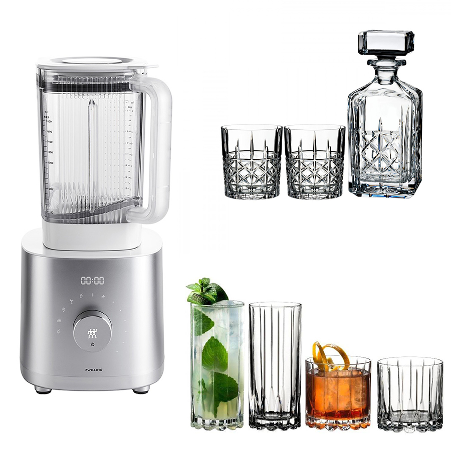 Mélangeur Power Enfinigy avec paire de Double Old Fashioned avec carafe Marquis Brady et ensemble de verres Rocks et Highballs Drink Specific