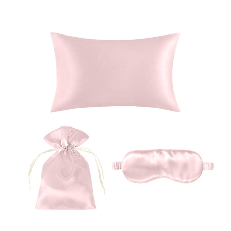 Mulberry Silk Pillowcase with Eye Mask and Pouch Set - Queen - Pink