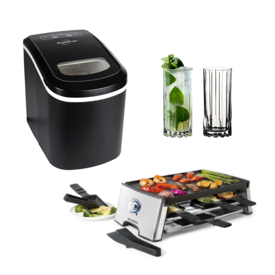 Machine à glaçons compacte de comptoir avec ensemble électrique de raclette et ensemble de boisson en 2 pièces.