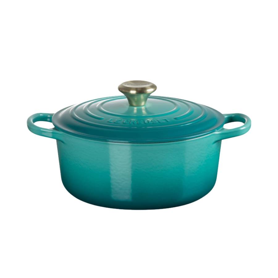 5.3 L Round Dutch Oven with Gold Knob - Bleu Riviera