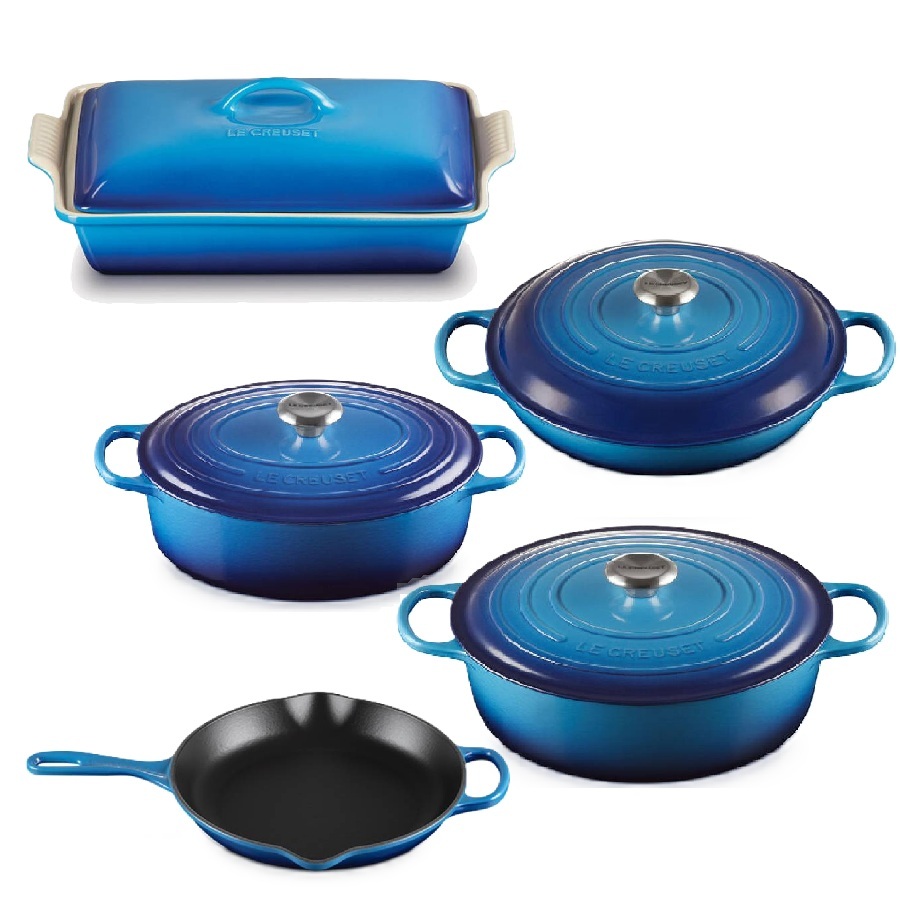 Enameled Cast iron Cookware, with Rectangular Roaster Set - Blueberry - 5 Pieces