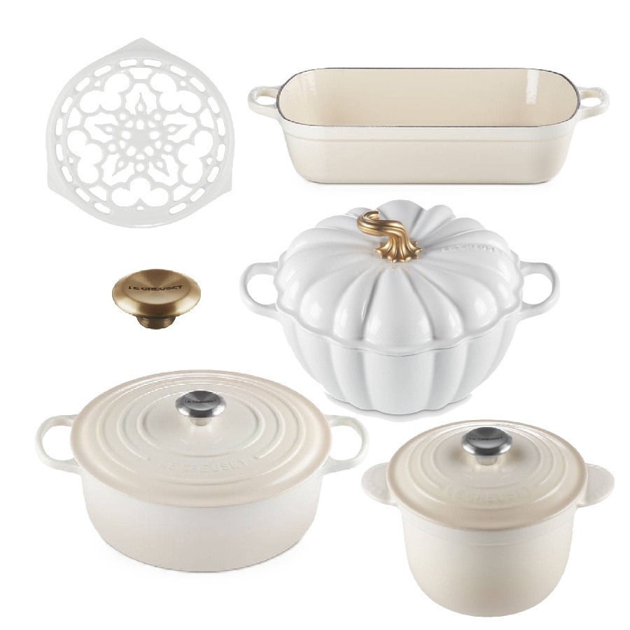 Enamelled Cast Iron Cookware Set with Extra Gold Knob - Meringue - 5 Pieces