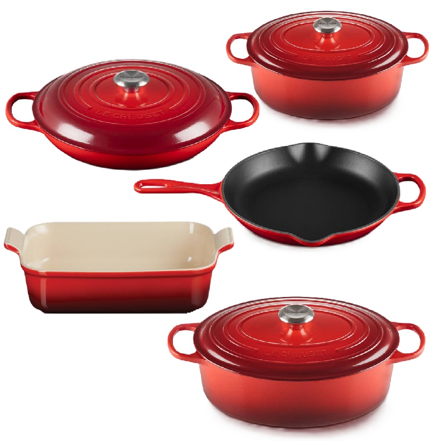 Enamelled Cast Iron Cookware Set with Baking Dish  - Cerise - 5 Pieces
