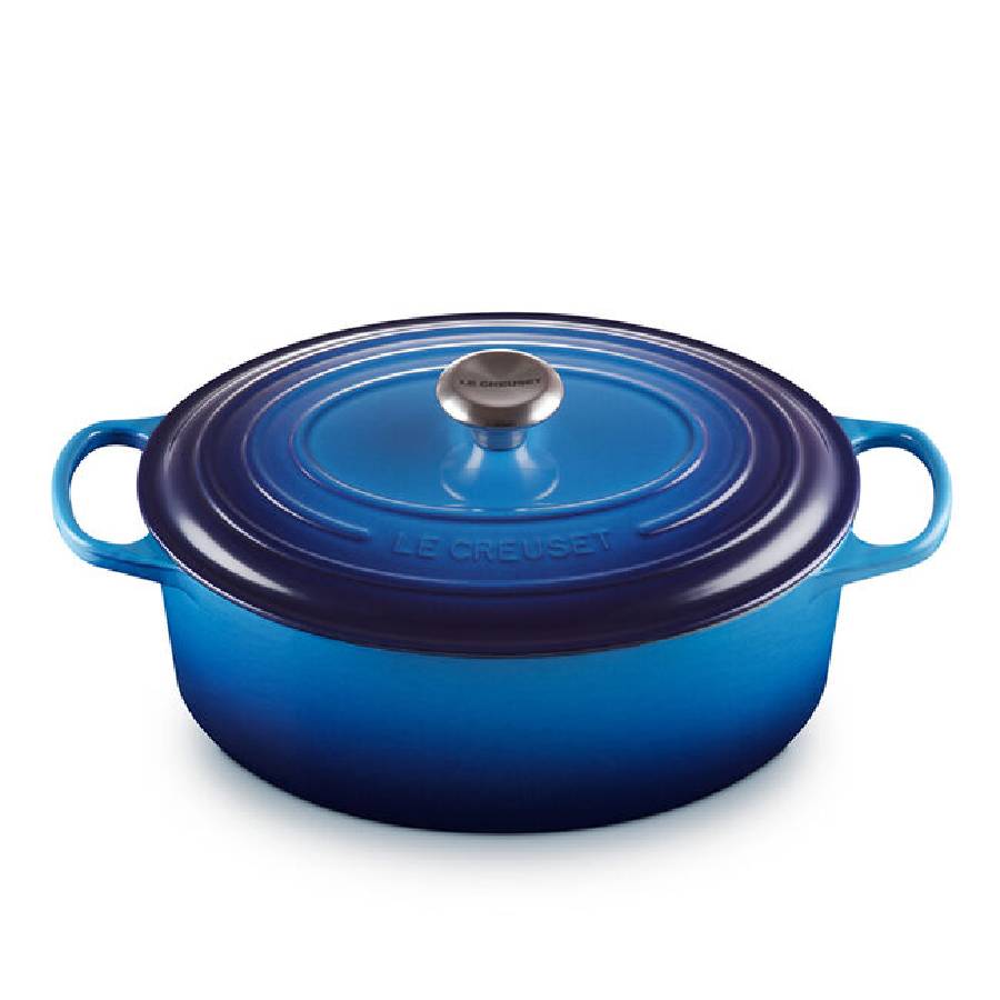 Signature 6,3 L Cocotte ovale avec bouton en acier inoxydable - Bleuet