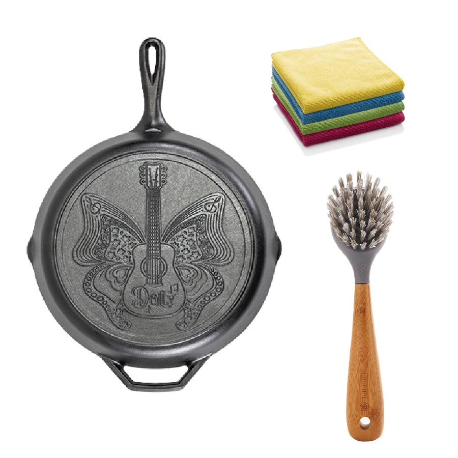 Dolly Parton 12 inch Butterfly Cast Iron Skillet, Cleaning Brush, and E-Cloth Set