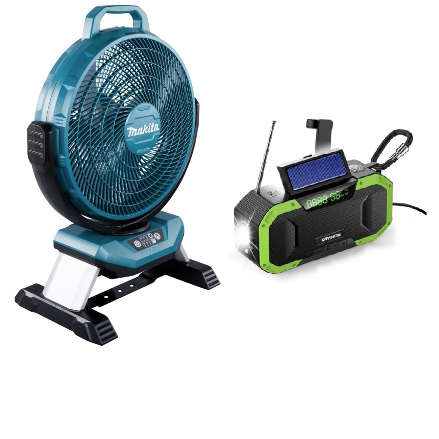 Ventilateur de chantier oscillant avec Manivelle radio et haut-parleur Bluetooth d'urgence