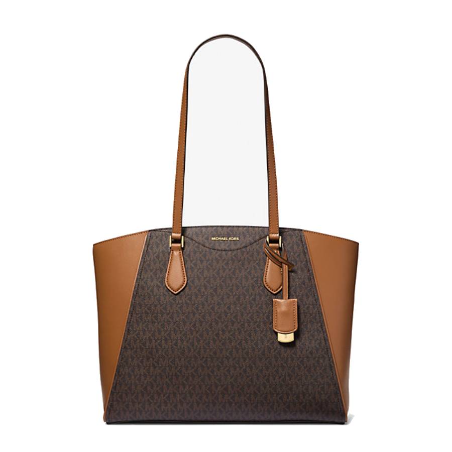 Taryn Signature Logo and Leather Tote Bag - Brown / Acorn - Large