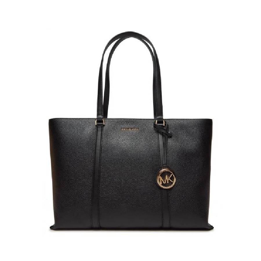 Temple Pebbled Leather Tote Bag - Black - Large