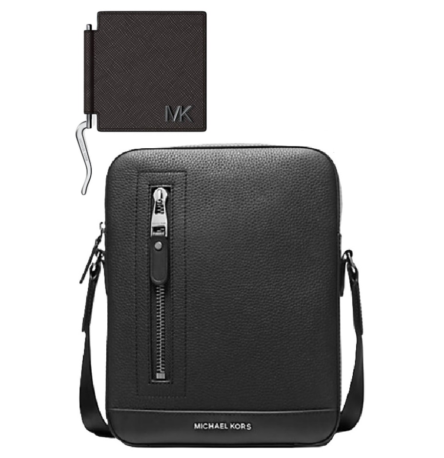 Hudson Matte Leather Vertical Zip Flight Bag with Hudson Signature Logo Accordion Card Case - Black
