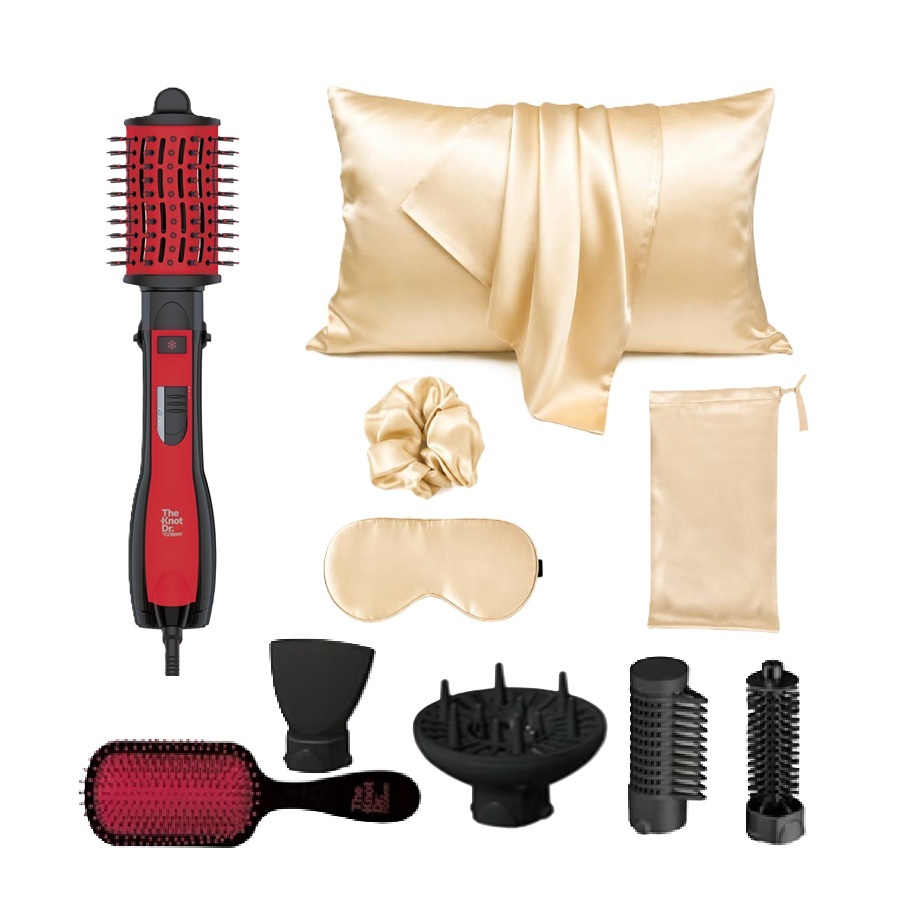 Silk Pillowcase and Accessories with Knot Dr. All-in-One Dryer Brush Set - Gold