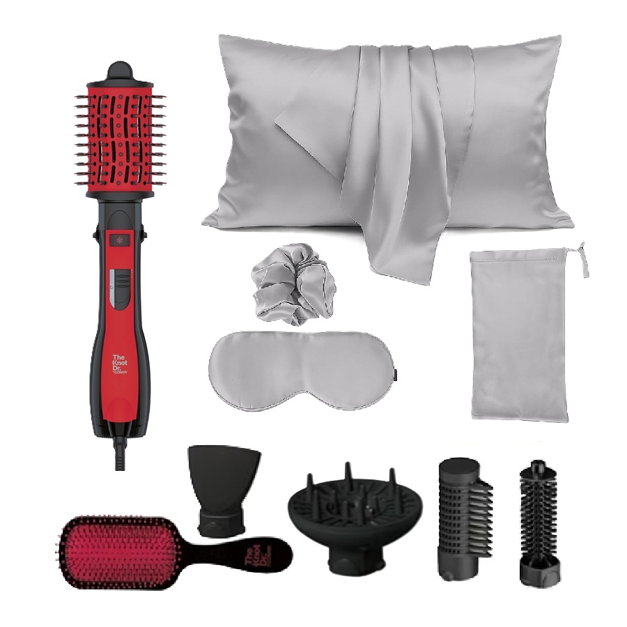 Silk Pillowcase and Accessories with Knot Dr. All-in-One Dryer Brush Set - Silver