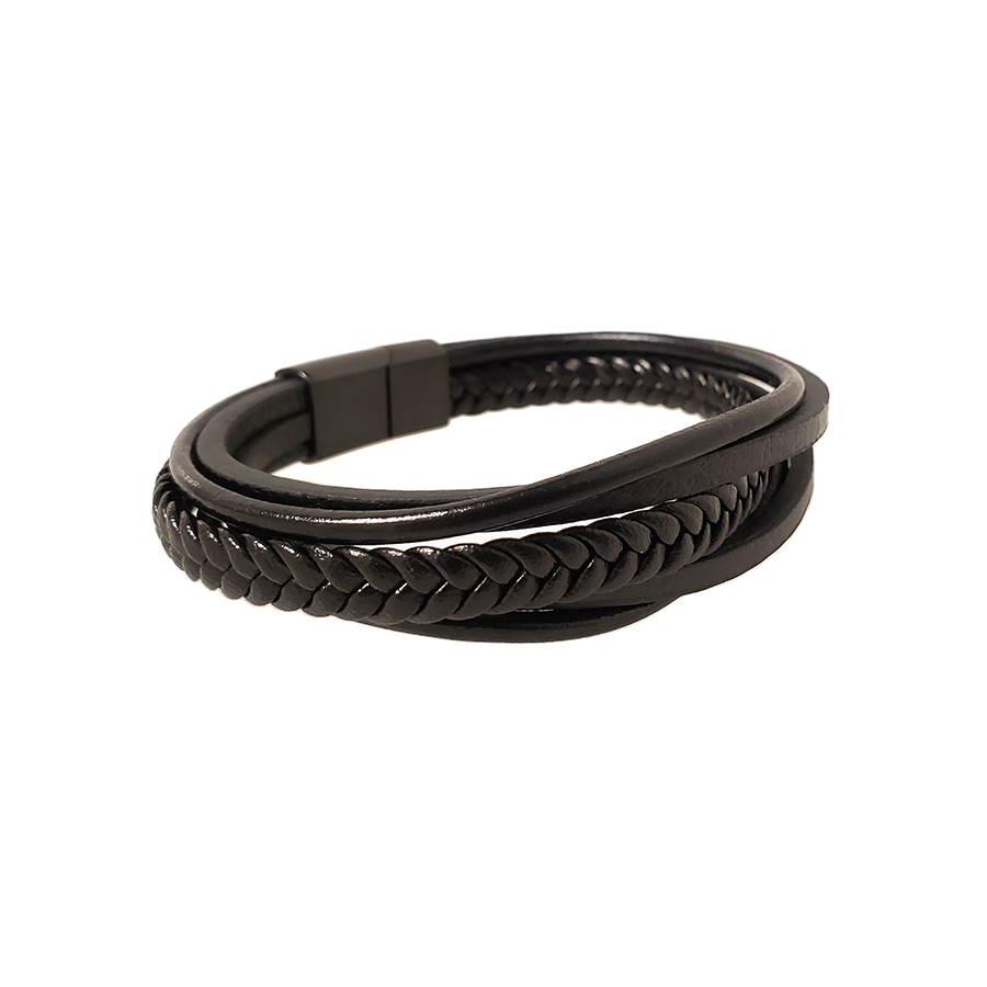 Bracelet en acier inoxydable et cuir - Noir