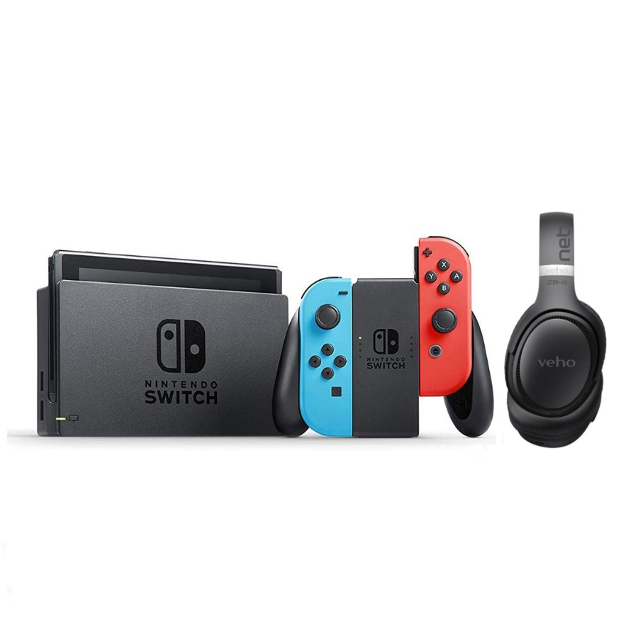 Nintendo Switch Console - Neon Blue and Red with Bluetooth Wireless Headphones - Black Grey