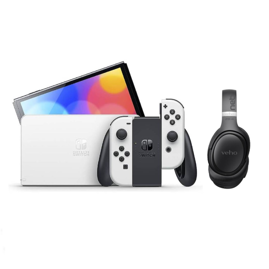 Nintendo Switch Console OLED Model - White with Bluetooth Wireless Headphones - Black Grey