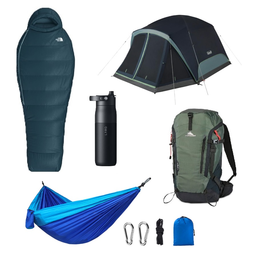 Down 20 Sleeping Bag, Skydome 6+2 Person Tent, Hammock, Pathway Backpack, and Swig Top Bottle Set