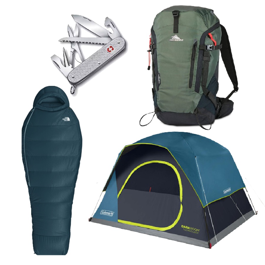 Sleeping Bag, Skydome 6 Person Tent, Frame Backpack, and Farmer X Swiss Tool Set