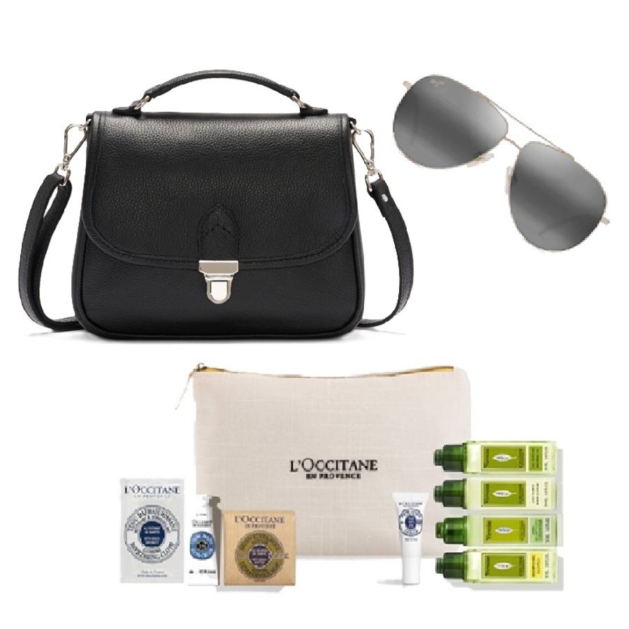 Audrey Cervino Bag, Hauoli Aviator Sunglasses, and Verbena Travel Kit Set
