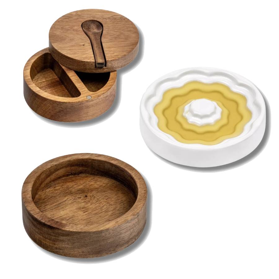 Stackable Olive Oil Ceramic Dish, Butter Dish, Salt & Pepper Cellar - Acacia/Ceramic