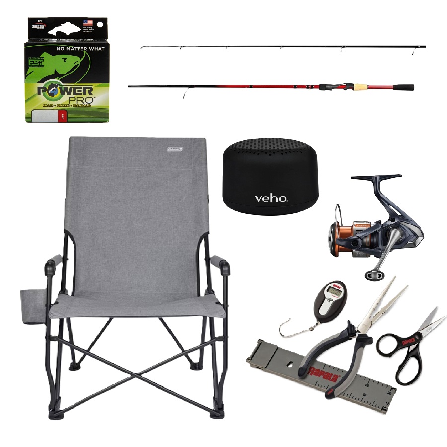 Spinning Reel, Rod,with Line, Camping Chair and Speaker Set