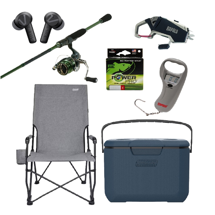 Symetre Spinning Combo, Earbuds, Camping Chair, Digital Scale, Cooler, Fishing Multi-tool and Line Set