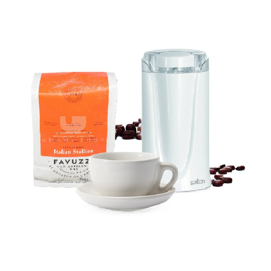 Coffee Grinder, Beans, and Espresso Cup and Saucer Set