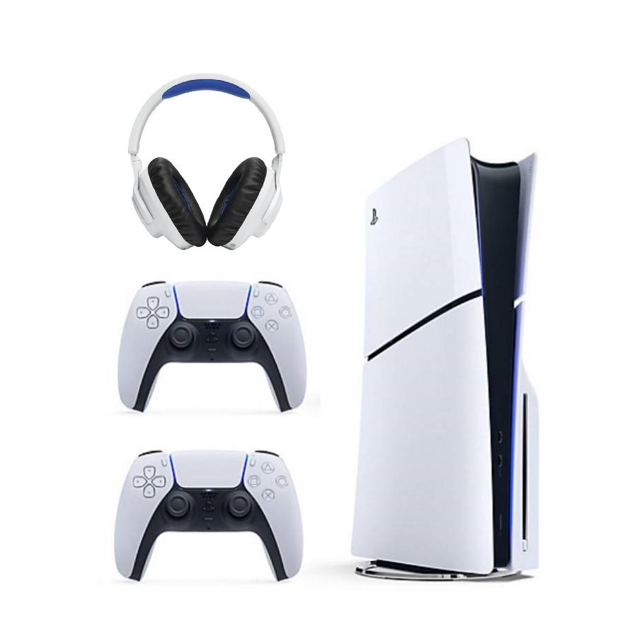 PlayStation 5 Slim Console with Two White DualSense Wireless Controllers and Quantum 360X Wireless Over-Ear Gaming Headset