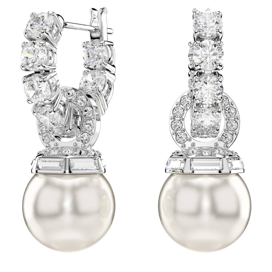Matrix Drop Earrings Crystal Pearl Round cut - White Rhodium Plated