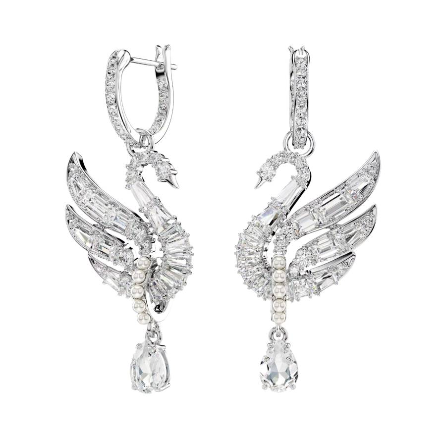 Swan Earrings - White - Rhodium Plated