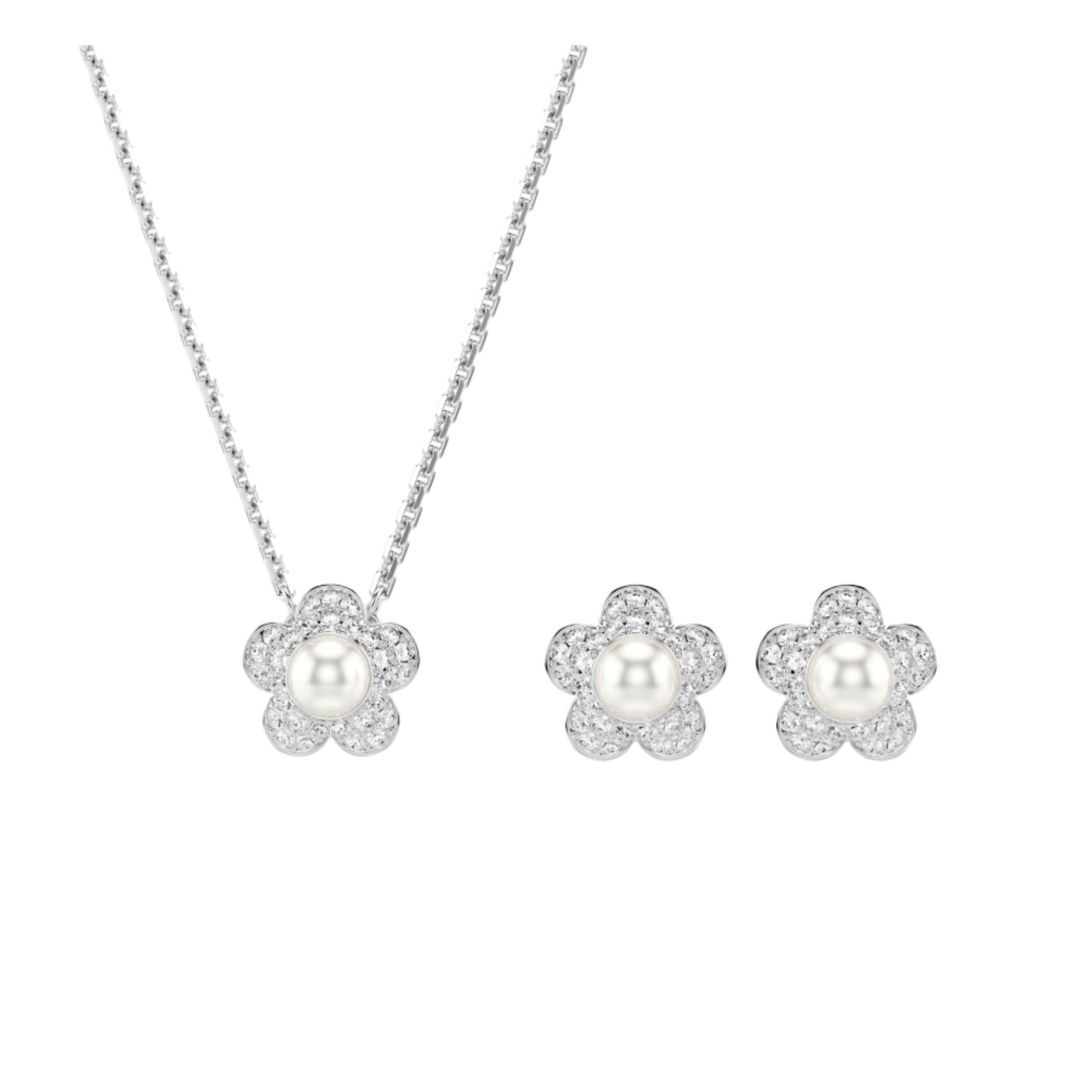 Ariana Grande Crystal and Pearl Flower Necklace and Earring Set - Rhodium Plated