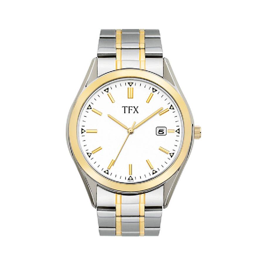Montre en acier inoxidable bicolore et cadran blanc brillant avec marqueur - Hommes