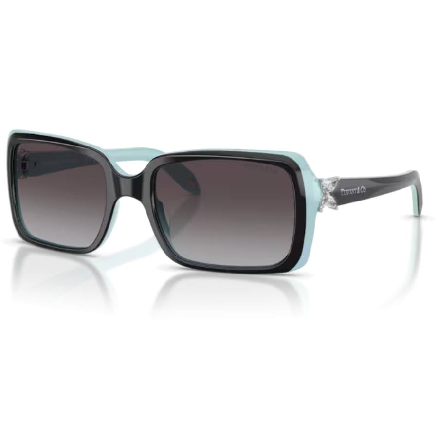 Lunettes de soleil rectangulaires avec ornements en strass - Femmes - Noir sur fond bleu Tiffany